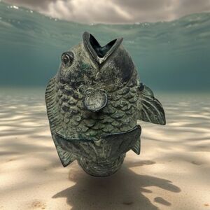 Koi Fish Sculpture In Solid Bronze Japenese Koi Figurine Green Patina Vintage